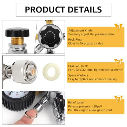 MRbrew 0-60PSI CGA-320 Keg CO2 Regulator with 5/16" Barbed Outlet | 0-3000 PSI Tank Pressure, Beer Regulator, Co2 Tank Pressure Regulator with Safety Pressure Relief Valve - size: One Output Barb - Mildly Carbonated