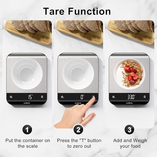 Ultrean Food Scale, Digital Kitchen Scale with LED Display, Weight Grams and Ounces for Baking Cooking, 6 Units with Tare Function, 304 Stainless Steel, 11lb (Batteries Included) - color: Classic Silver