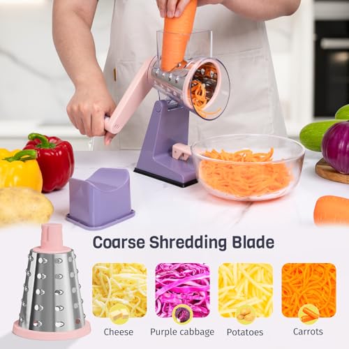 Upgraded Rotary Cheese Grater with 3 Interchangeable Stainless Steel Drums, One-Press Powerful Suction Manual Vegetable Shredder&Slicer for Kitchen, 15pcs Storage Bags Included, Pinkish Purple - color: Pinkish Purple