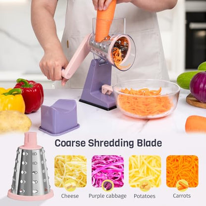 Upgraded Rotary Cheese Grater with 3 Interchangeable Stainless Steel Drums, One-Press Powerful Suction Manual Vegetable Shredder&Slicer for Kitchen, 15pcs Storage Bags Included, Pinkish Purple - color: Pinkish Purple