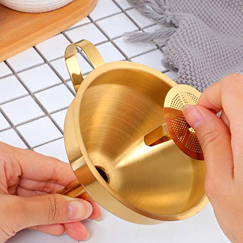 Stainless Steel Wide Mouth Funnels with Detachable Strainer, 5-inch Funnel for Filling Small Bottles and Jars, Cooking Oil and Transmission Liquid and Powder, Food Grade Metal Kitchen Funnels Gold - color: Gold