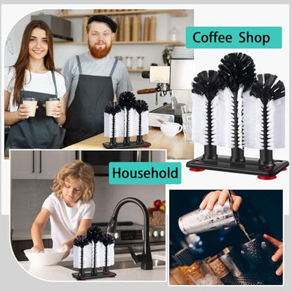 Havawish 4 Pack Water Bottle Cleaning Brush with Suction Base, 3 Head Bristle Bar Glass Washer for Sink, Washer Brush Cleaner for Bar Beer Cup, Wine Glass, Long Leg Cup Kitchen Tools