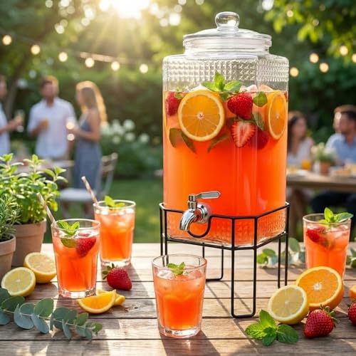 2 Gallon Glass Drink Dispenser, Drink Dispensers for Parties, Beverage Dispenser with Stand and Glass Lid, 100% Leakproof Spigot, Ideal for Lemonade, Juice, Laundry Detergent Dispenser - size: 2 Gallon