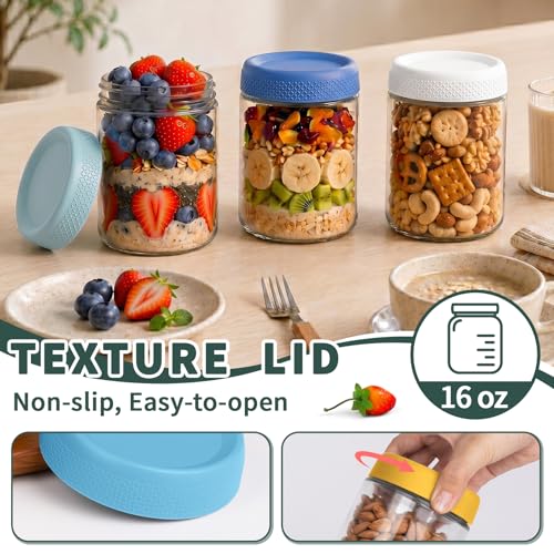 6 Pack Overnight Oats Containers with Lids, Mason Jars 16 oz with Lids, Reusable Glass Jars, Parfait Cups with Lid for Yogurt, Chia, Pudding, Snack, Food, Spice, Breakfast, Salad, Sugar - color: Fresh Morning