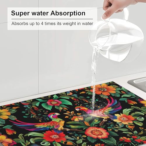 Mexican Flowers Dish Drying Mat for Kitchen Counter Microfiber Super Absorbent Non-Slip Dish Drying Pad for Countertops Dishes Utensils Stylish Quick-Dry Machine Washable 18x24 Inch - color: Mexican Flowers
