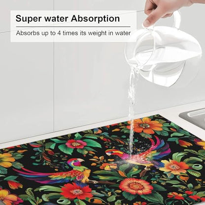 Mexican Flowers Dish Drying Mat for Kitchen Counter Microfiber Super Absorbent Non-Slip Dish Drying Pad for Countertops Dishes Utensils Stylish Quick-Dry Machine Washable 18x24 Inch - color: Mexican Flowers