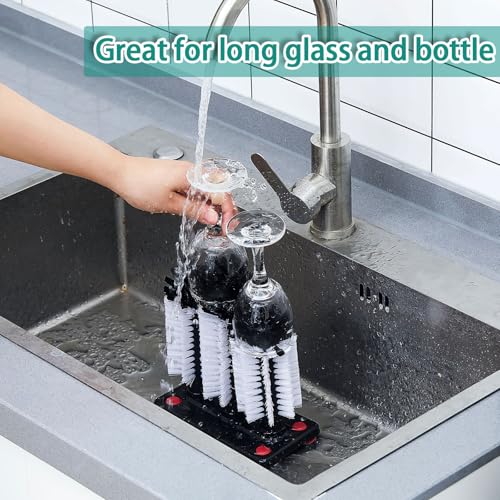 Havawish 4 Pack Water Bottle Cleaning Brush with Suction Base, 3 Head Bristle Bar Glass Washer for Sink, Washer Brush Cleaner for Bar Beer Cup, Wine Glass, Long Leg Cup Kitchen Tools