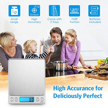 AMIR Digital Kitchen Scale, 3000g 0.01oz/ 0.1g Pocket Coffee Scale, Mini Food Scale, Pro Electronic Jewelry Scale with Back-Lit LCD Display, Tare & PCS Functions, Stainless Steel, Batteries Included - color: Sliver