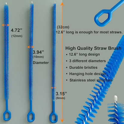 3-Pack Multi-Size 12.6”Long Straw Cleaner Brush for Stanley Cup, Extra Long Reusable Straw Brush for Tumbler, Metal, Silicone, Glass Straws for Baby Bottles, Sippy Cups, Yeti, Pipe Cleaner for Tube