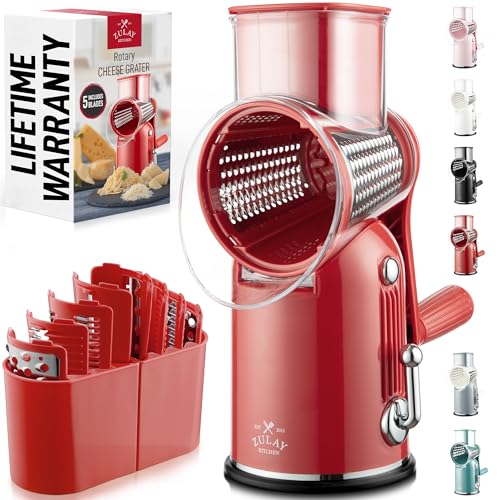 Zulay Kitchen Rotary Cheese Grater 5 Blade Cheese Shredder - Manual Hand Crank Cheese Grater With Reinforced Suction & 5 Interchangeable Drums - Easy to Use, Vegetable Chopper Round Mandoline Slicer - color: Classic | Red