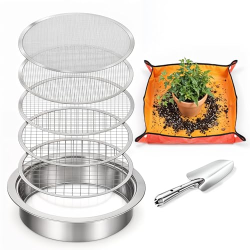 8 PCS Soil Sifter Set for Garden, Stainless Steel Soils Sieve Set, Compost Sifter with 5PCS Replaceable Mesh(1,3,6,9,12mm) Sieve and Bonsai Soil Scoop, 1 mat, 1 Frame, for Compost Bonsai Rocks Sand