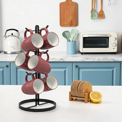 Mug Holder Tree,Coffee Mug Tree with 6 Hooks, Coffee Cup Holder,Stainless Steel Home Storage Mug Standing Rack for Big Mugs,Coffee Cup Countertop Stand Holders (Black) - color: Black