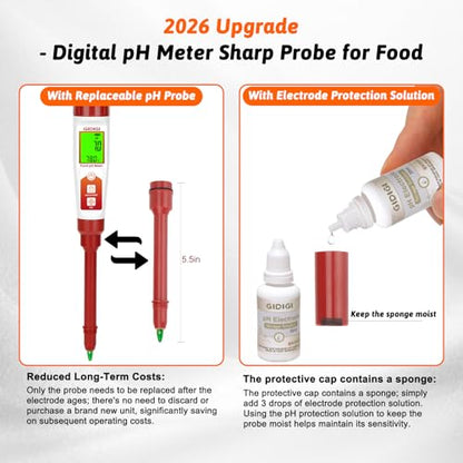 pH Meter for Food Fermentation, Digital pH Temp. Tester for Sourdough Bread Acidity Tester 5.5in pH Probe pH Tester for Cheese Hot Sauce Kombucha Wine Meat Saliva Cosmetic, 1 Replaceable Probe