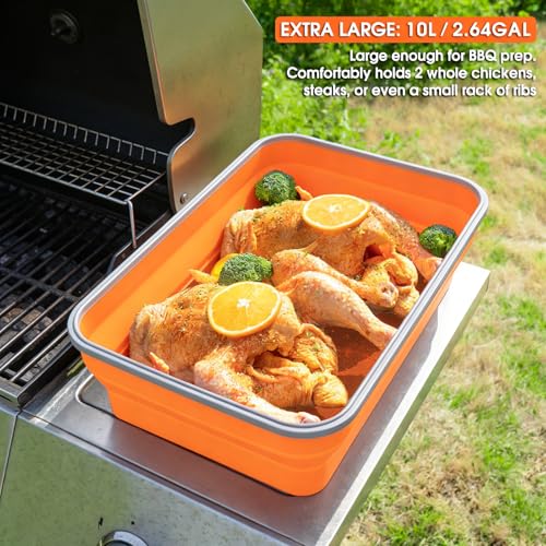 Silicone Collapsible Marinating Container with Lid for Meat, 2.64Gal/10L, Extra Large Collapsible BBQ Prep Tub, Transparent Locking Lid, XL Grill Prep Trays and Carry System, BBQ Must-Have, Orange - color: Orange | 1 Pack | 2.64 Gal