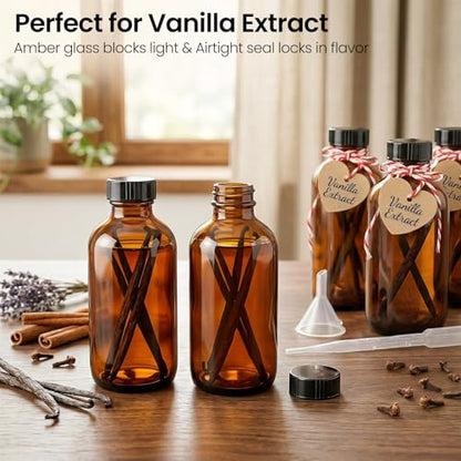 TBWIND 24 Pack 8oz Amber Glass Boston Round Bottles with Airtight Caps | Designed for Homemade Vanilla Extract, Tinctures, Juice, Syrups, Kombucha & Herbal Liquids with Droppers, Labels & Funnels - size: 8oz