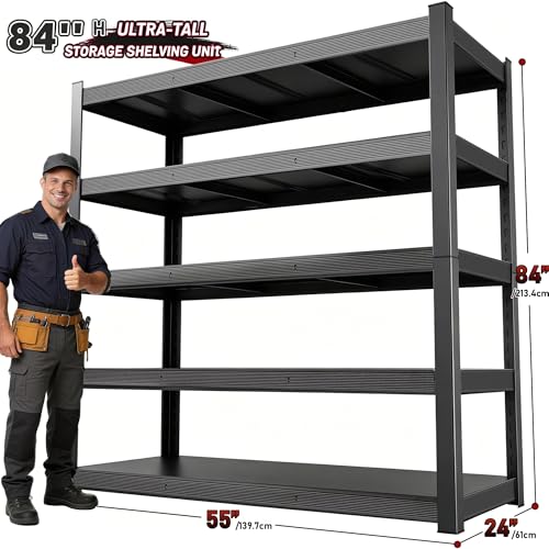 84" H 5-Tier Heavy Duty Storage Shelves, 3000LBS Capacity Adjustable Metal Industrial Garage Shelving Units,Freestanding Storage Rack for Shop and Warehouse, 84" H x 55" W x 24" D - size: 24"D x 55.1"W x 84.1"H(Metal Board)