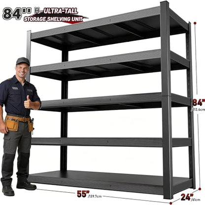 84" H 5-Tier Heavy Duty Storage Shelves, 3000LBS Capacity Adjustable Metal Industrial Garage Shelving Units,Freestanding Storage Rack for Shop and Warehouse, 84" H x 55" W x 24" D - size: 24"D x 55.1"W x 84.1"H(Metal Board)