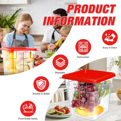 Square Storage Container with Lid, Commercial Box with Measurement Marks & Handle, for Baking, Dough Proofing, Meat Brining, Kitchen Tool (Red, 4QT-4PACK) - size: 4QT-4PACK