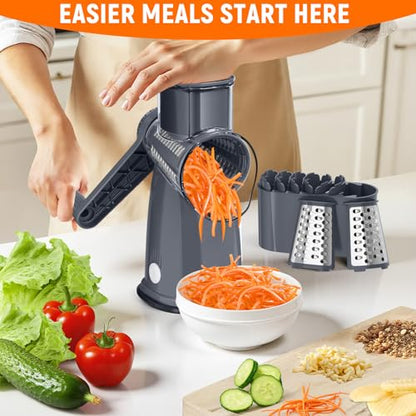 Rotary Cheese Grater Hand Crank with 5 Interchangeable Blades, Vegetable Slicer Chopper for Fruit Vegetable Nuts, Mandoline Slicer for Kitchen with Blades Rack & Suction Base, Grey - color: Gray