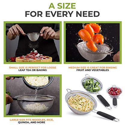 LiveFresh Food Strainer Set - Premium Fine Stainless Steel Fine Mesh Set of Strainers, Colanders and Sifters Crafted for Quinoa and More with Comfortable Non Slip Handles - Set of 3