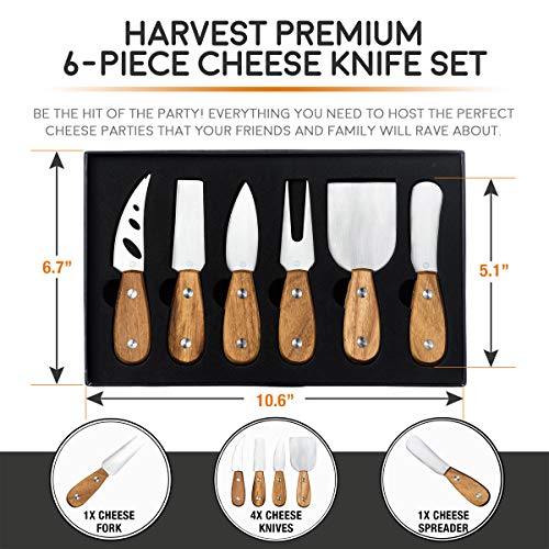 Harvest 6-Piece Cheese Knife Set (Gift-Ready) - Premium Stainless Steel Cheese Knives with Rivets, Full Tang Blades and Teak Wood Handle Charcuterie Board Accessories w/ 15 Festive Recipes