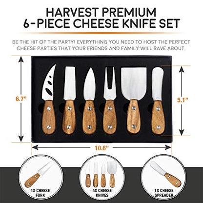 Harvest 6-Piece Cheese Knife Set (Gift-Ready) - Premium Stainless Steel Cheese Knives with Rivets, Full Tang Blades and Teak Wood Handle Charcuterie Board Accessories w/ 15 Festive Recipes