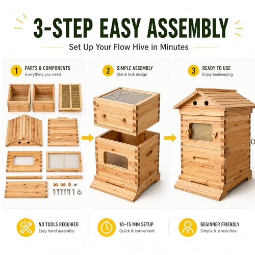Wooden Beehive Starter Kit with Honey Collection System & Frames, Bee Hive Box with Observation Window, Beginner Friendly Backyard Beekeeping Kit for Honey Harvesting, 24"×22"×30"