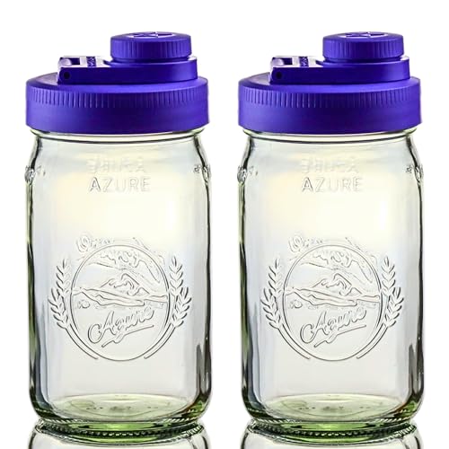 Brewing America Glass Mason Jar Pitcher with Lid - Mason Jars, 1 Quart (32 oz) with Violet Purple Wide Mouth Pour Lid, for Smoothie, Boba Cup, Sun Tea, Cold Coffee Glass Tumbler, 2-Pack - color: Violet Purple