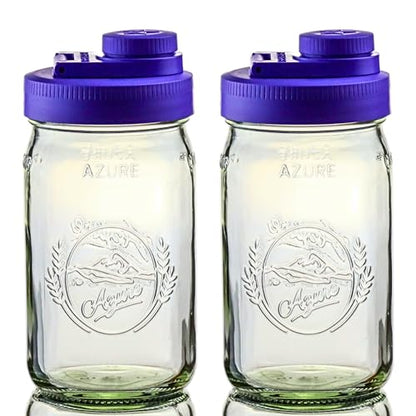 Brewing America Glass Mason Jar Pitcher with Lid - Mason Jars, 1 Quart (32 oz) with Violet Purple Wide Mouth Pour Lid, for Smoothie, Boba Cup, Sun Tea, Cold Coffee Glass Tumbler, 2-Pack - color: Violet Purple