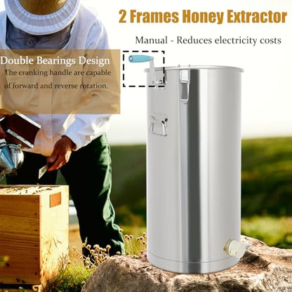 2 Frame Manual Honey Extractor, Stainless Steel Beekeeping Extraction Separator with Lid, Apiary Centrifuge Equipment for Hive Farms