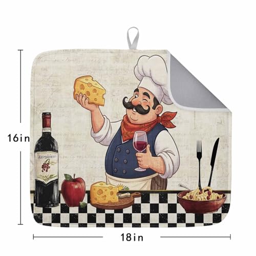 Dish Drying Mat for Kitchen Counter, Smiling Chef Cheese Wine Absorbent Dish Mats Foldable Microfiber Drainer Pad 1PCS 18"x16", Retro Kitchen Art Plate Holder Mat for Countertop Sink Decor - size: 1PCS-16x18in