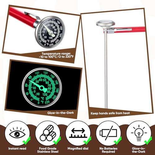 Xuhal 6 Pcs Stainless Steel Kitchen Glow Thermometer with 5 Inch Long Stem 1 Inch Dial Thermometer Milk Frothing Food for Oven Probe Meat Grill BBQ Cooking Chocolate Water (White Red) - color: White Red