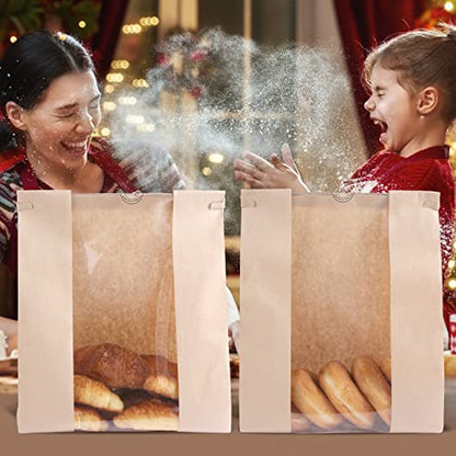 50 Pack Bakery Bags with Window, 13.8 x 9.4 Inch Large Paper Bread Bags for Homemade Bread, Tin Tie Tab Lock Brown Window Bag for Toast, Cookie, Loaf, Candy, Nuts