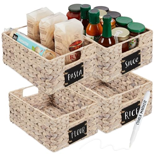 Best Choice Products 22.9 x 30.5cm(9 x 12인치) 워터 히아신스 식료품 저장실 바구니 4개 세트, 칠판 라벨이 있는 우븐 오거나이저, 초크 마커 - 화이트 - color: 화이트., size: 9x12x5in