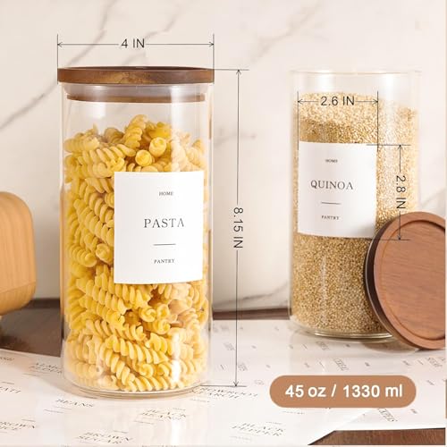 Set of 3 Glass Pantry Jars with Acacia Wood Lids, 45oz Airtight Glass Kitchen Canisters with 105 Labels, Clear Pantry Storage Containers for Coffee, Sugar, Oats, Pasta, Cookies - size: 45oz 3 Pack