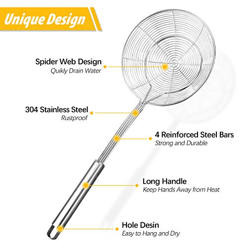 Large Stainless Steel Spider Strainer Long Handle, 2 Pack | Skimmer Basket, Ladle Strainers for Frying, Boiling Noodles, Dumplings, Pasta