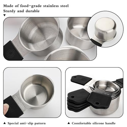 Magnetic Measuring Cups and Spoons Set of 16,Stainless Steel Magnetic Measuring Cups Set 7 and Magnetic Measuring Spoons Set of 8 with Leveler for Dry Liquid Ingredients (7, Black) - color: Black