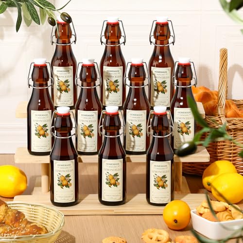 LemonRoad 10 Pcs 8 oz Limoncello Bottles Amber Swing Top Glass Bottles with Labels Airtight Cap Lids for Limoncello Homemade Flip Top Glass for Home Brewing Wedding Baby Shower Housewarming Favors
