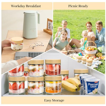 TBWIND 4 Pack 10oz Glass Jars with Bamboo Lids, Spoons, Airtight Overnight Oats Containers, Wide Mouth Mason Jars, Food Storage Container for Yogurt Salad Snacks Spice Sugar Meal Prep – Reusable - color: 10oz-Natural Lids-4 Spoon