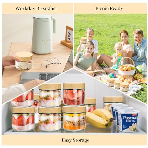 TBWIND 12 Pack 10oz Overnight Oats Containers with Airtight Bamboo Lids | Glass Jars for Salad, Yogurt Storage, Mason Jars for Snacks, Spices & Meal Prep – Reusable