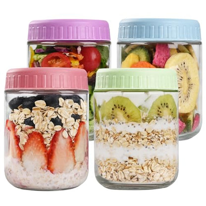 SHOWIN Overnight Oats Containers with Lids, 16oz Glass Jars with Lids 4 pcs, Candy, Wide Mouth Mason jars for Salad, Yogurt, Snacks, Meal Prep - color: Candy, size: 16oz-4pc