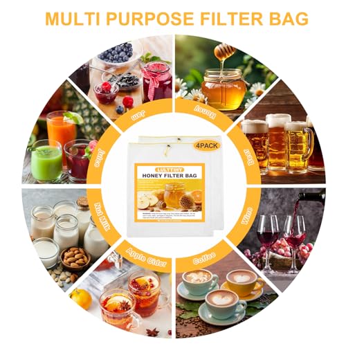 Honey Strainer for 5 Gallon Bucket - 4 Pack Fine Mesh Filter Bags with Adjustable Drawstring - Reusable Beekeeping Straining Bags for Honey, Jelly, and Food Grade Filtering