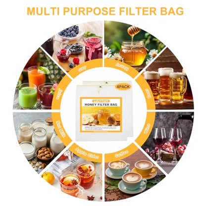 Honey Strainer for 5 Gallon Bucket - 4 Pack Fine Mesh Filter Bags with Adjustable Drawstring - Reusable Beekeeping Straining Bags for Honey, Jelly, and Food Grade Filtering