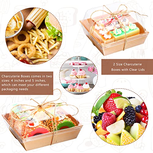 PerKoop 100 Pack 4 Inch and 5 Inch Paper Charcuterie Boxes with Clear Plastic Lid Bulk Disposable Food Containers Box with Brown Rope for Cake Slice Bakery Sandwich Desserts Pastry Fruit Snack Cheese