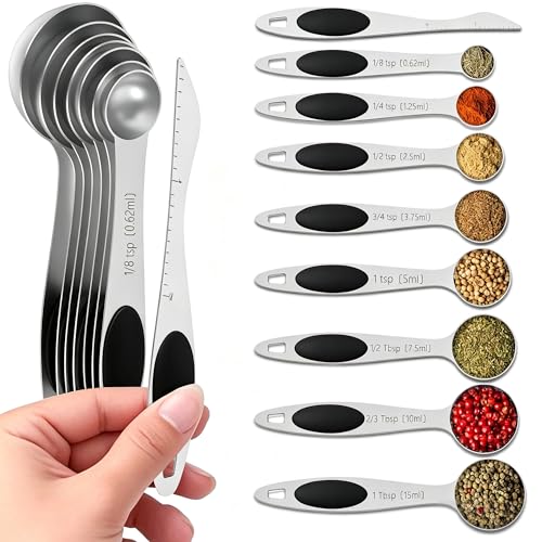 Measuring Spoons,Magnetic Measuring Spoons Set,304 Stainless Steel 8 Single Side Measuring Spoons Set and 1 Leveler with Strong N45 Magnetss,Heavy Duty Metal Kitchen Gadgets for Baking & Cooking - color: Black Magnetic Measuring Spoons Set - S