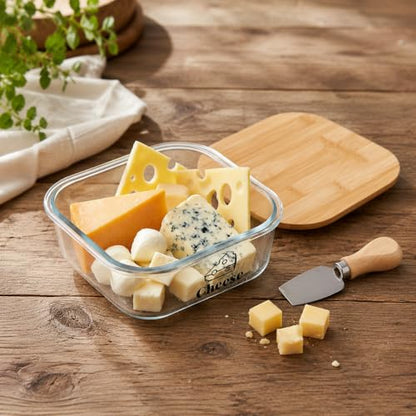 Cheese Container for Refrigerator,Glass cheese slice holder with Wooden Lid,Lunch Deli Meat Containers for Fridge,BPA-Free Shredded Cream Block Sliced,Grated,CheddarCheeses Storage Box Saver keeper