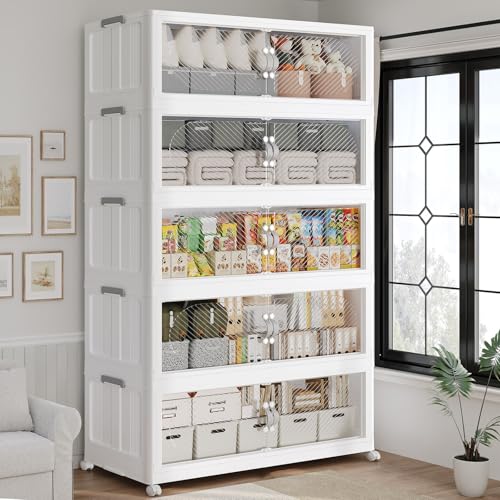 600QT Extra Large Stackable Storage Bins with Lid & Wheels & Doors,150Gal Foldable Collapsible Closet Organizers, Plastic Cabinet Box Container Drawer for Home Kitchen Bedroom, 5Pack White - color: White, size: 120QT-5Pack