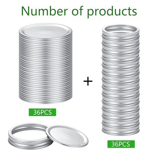 72Pcs Canning Lids with Rings Wide Mouth for Canning Jars, Ball,Kerr, Split Lids and Rings Food Grade Material, 100% Fit & Airtight for Regular Mouth Jars (36Ring+36Lids for Wide Mouth) - size: Wide Mouth (36 Lids + 36 Rings)