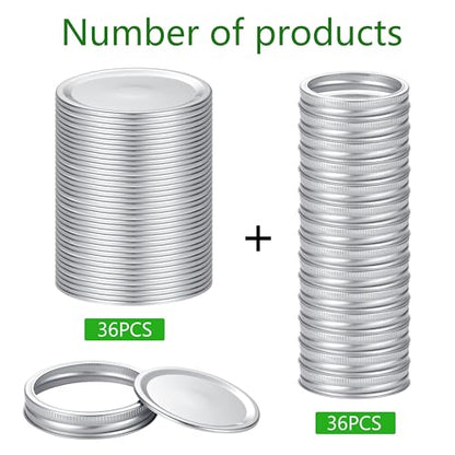 72Pcs Canning Lids with Rings Wide Mouth for Canning Jars, Ball,Kerr, Split Lids and Rings Food Grade Material, 100% Fit & Airtight for Regular Mouth Jars (36Ring+36Lids for Wide Mouth) - size: Wide Mouth (36 Lids + 36 Rings)