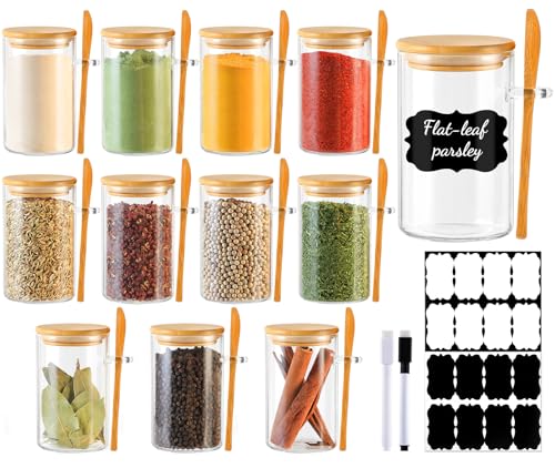 TBWIND 12 Pack 8 oz Round Glass Spice Jars with Lids and Spoons – Airtight Small Spice Containers Set with Labels, Clear Glass Storage Jars for Seasoning, Spices, Kitchen Pantry Organization - color: Round/8oz/12pcs/Spoon